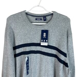 NEW Izod Mens Striped Crewneck Sweater Large Gray Blue Pullover Cotton Blend $65